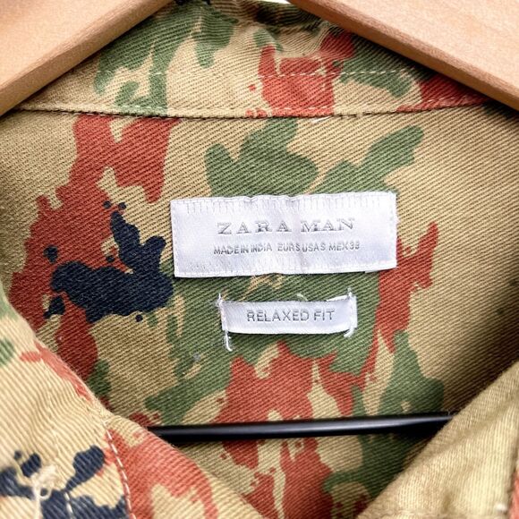 Zara Man Camo Denim Shirt Brown Embroidered Tiger Relaxed Fit Casual Mens Small - Picture 6 of 11